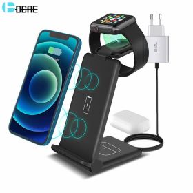 3 in 1 Wireless Charger for iPhone 14 13 12 11 8 X XS XR Apple Watch 8 7 Airpods Pro Qi Fast Charging Stand For Samsung S22 S21 - White