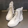 Women High quality leather Fashion Women Non-slip wear-resistant Lace up side zipper Boots Autumn Winter Women Ankle boots - White - 39