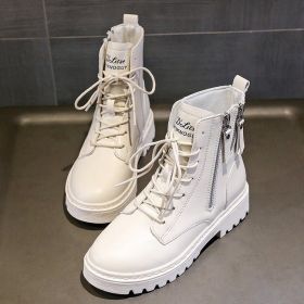 Women High quality leather Fashion Women Non-slip wear-resistant Lace up side zipper Boots Autumn Winter Women Ankle boots - White - 39