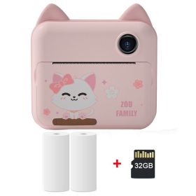 Children Instant Camera Print Camera 1080P Video Photo Digital Camera With Print Paper For Child Birthday Christmas Gift - Pink-2 Rolls -32GB