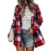 Women's Loose Check Pocket Wool Jacket Cardigan Lapel Top - Red - L