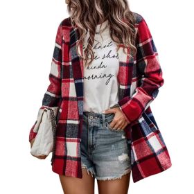 Women's Loose Check Pocket Wool Jacket Cardigan Lapel Top - Red - M