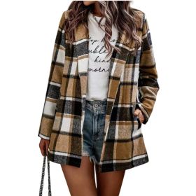 Women's Loose Check Pocket Wool Jacket Cardigan Lapel Top - Brown - XL