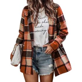 Women's Loose Check Pocket Wool Jacket Cardigan Lapel Top - Orange - M