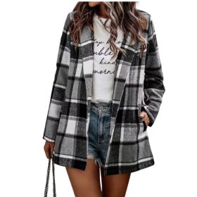 Women's Loose Check Pocket Wool Jacket Cardigan Lapel Top - Black - XL