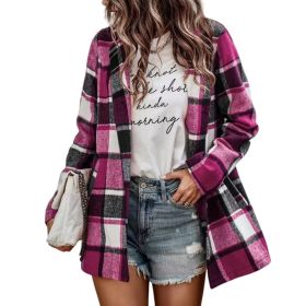 Women's Loose Check Pocket Wool Jacket Cardigan Lapel Top - Pink - S