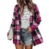 Women's Loose Check Pocket Wool Jacket Cardigan Lapel Top - Pink - M
