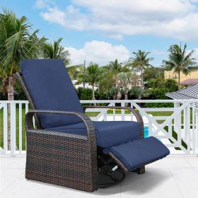 Outdoor Patio Rattan Wicker Swivel Recliner Chair;  Adjustable Reclining Chair 360Â° Rotating with Water Resistant Cushions - Navy Blue