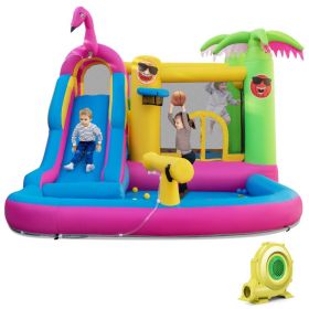 Inflatable Bounce Castle with Long Water Slide and 735W Blower - Multi-colored