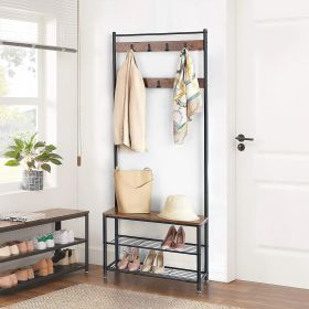 Wood and Metal Frame Hall Tree with Slatted Shelves; Rustic Brown and Black - BM195839