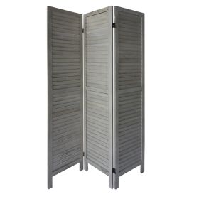 67 Inch Paulownia Wood Panel Divider Screen, Shutter Design, 3 Panels, Distressed Gray - as Pic