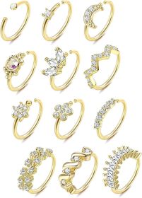 12 Pcs 20G Nose Ring Hoop Paved CZ Opal Moon Star Flower Crawler Nose Ear Cartilage For Women Gold Nose Ear Piercing Hoop Jewelry