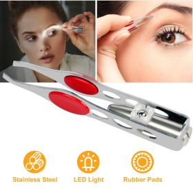 LED Eyebrow Tweezer Stainless Steel Make Up Tweezer w/ LED Light Rubber Finger Pads - Silver