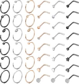 42 Pcs Hoop Nose Rings for Women Men Stainless Steel Nose Screw L Shaped Studs 20G 8-10mm Piercings Jewelry Set