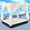 Patio Lounge Bed with Curtains Poly Rattan Brown - Brown