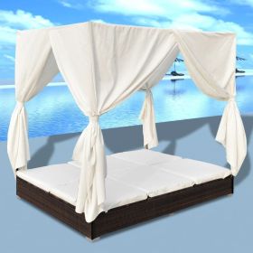 Patio Lounge Bed with Curtains Poly Rattan Brown - Brown