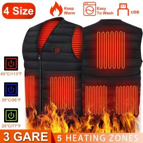 Heat Jacket Vest 3 Heating Gear Adjustable USB Heated Vest Warm Heat Coat Vest w/ 5 Heating Pads For Men Women Winter Outdoor Activity - XL