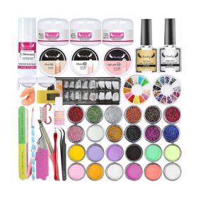 Nail  Acrylic Glitter Crystal Powder Monomer Manicure Tool Tips Brush Nails Art Decoration  DIY Pro Full Kit - multicolor