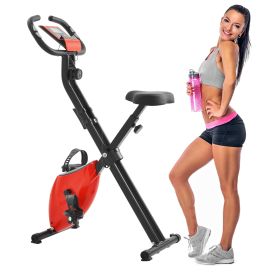Folding Stationary Upright Indoor Cycling Exercise Bike with Resistance Bands - Red