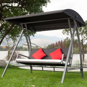 3-Seat Outdoor Patio Porch Swing Chair;  Adjustable Canopy;  PE Wicker Glider Bench with Steel Frame for Backyard;  Garden;  74.8"x70.9"x48.9" - Black