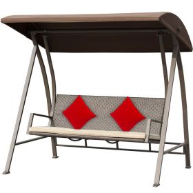 3-Seat Outdoor Patio Porch Swing Chair;  Adjustable Canopy;  PE Wicker Glider Bench with Steel Frame for Backyard;  Garden;  74.8"x70.9"x48.9" - Brown