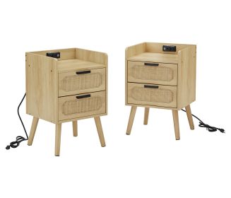 Rattan nightstand with socket side table natural handmade rattan(2PC; Natural ; 15.55''W*13.78''D*23.82''H) - Golden