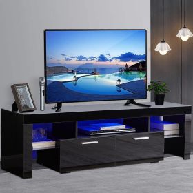 Black TV Stand for 70 Inch TV; Modern TV Cabinet with 16 Color LED Light - Black - Particle Board, Glass,MDF