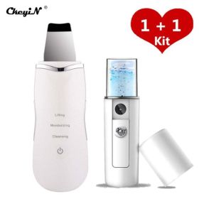 Ultrasonic Skin Scrubber Skin Peeling Extractor Facial Deep Cleaning Beauty Device + Skin Rejuvenation Nano Face Mist Steamer 40 - White and Sprayer
