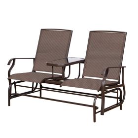 2-Person Outdoor Glider Bench;  Patio Glider Bench with Center Side Table;  Loveseat Glider Chair for Porch;  Garden;  Poolside;  Balcony - Mocha