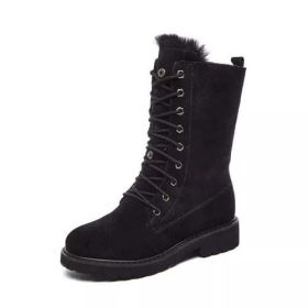 Winter Fur Snow Boots Women's Suede Leather Short Plush Oxford - 37 - Black