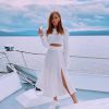Chic Pullover - Knitted Pleated Skirt Suit High Slit Long Sleeve - Off White - XL
