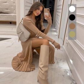 Chic Pullover - Knitted Pleated Skirt Suit High Slit Long Sleeve - French Beige - L