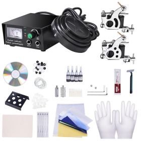 Complete Tattoo Kit Machine Gun Power Supply 4 Ink Needles Grip Tips Equipment - Black