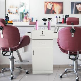 3-Layer Beauty Salon Storage Cabinet Hairdressing Tool Styling Station w/ 6 Hair Dryer Holders;  2 Drawers and 1 Cabinet - White