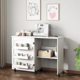 Folding Sewing Craft Cart&Sewing Cabinet Miscellaneous Sewing Kit Art Desk with Storage Shelves and Lockable Casters-White - white