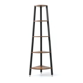 Corner Shelf, 5-Tier Bookshelf, Plant Stand, Wood Look Accent Bookcase Furniture with Metal Frame, for Home and Office, Rustic Brown RT - Rustic Brown