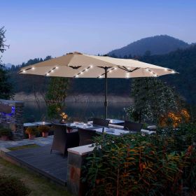 15FT Patio Double-Sided Umbrella with Solar LED Lights, Outdoor Market Umbrella with 48 Solar Powered LED Lights & Crank - khaki