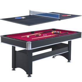 6-ft Pool Table with Table Tennis Top - Black with Red Felt - as Pic