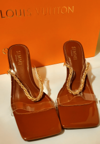 WOMEN SEXY BACKLESS TWO-PART STRAPS HEELS - Brown - 8