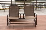 2-Person Outdoor Glider Bench;  Patio Glider Bench with Center Side Table;  Loveseat Glider Chair for Porch;  Garden;  Poolside;  Balcony - Mocha
