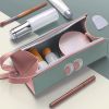 Pencil Case Large Capacity Faux Leather Pen Bag Pencil Box for Girls Students  - Lake Blue