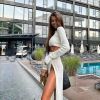 Chic Pullover - Knitted Pleated Skirt Suit High Slit Long Sleeve - Off White - XL