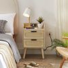 Rattan nightstand with socket side table natural handmade rattan(2PC; Natural ; 15.55''W*13.78''D*23.82''H) - Golden