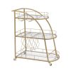 Golden Mobile Bar Serving Cart with Wine Rack and Glass Holder, 3-tier Shelves, Metal Frame and Temper Glass - gold