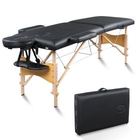 84" 2 Sections Folding Portable Beech Leg Beauty Massage Table 60CM Wide Adjustable Height Black/PINK (Color: picture)