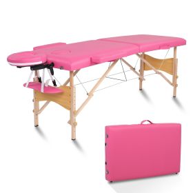 84" 2 Sections Folding Portable Beech Leg Beauty Massage Table 60CM Wide Adjustable Height Black/PINK (Color: Pink)