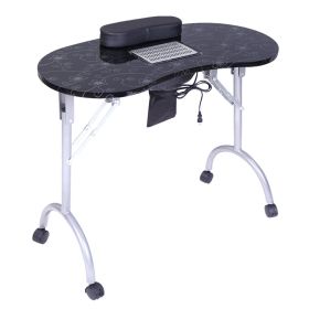 Portable MDF Manicure Table Spa Beauty Salon Equipment Desk with Dust Collector & Cushion & Fan White/Black (Color: Black)